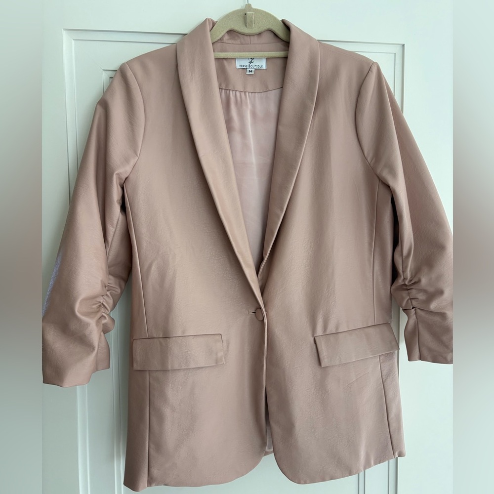 Vegan Leather Blush Pink Women's 3/4 Sleeves Blazer